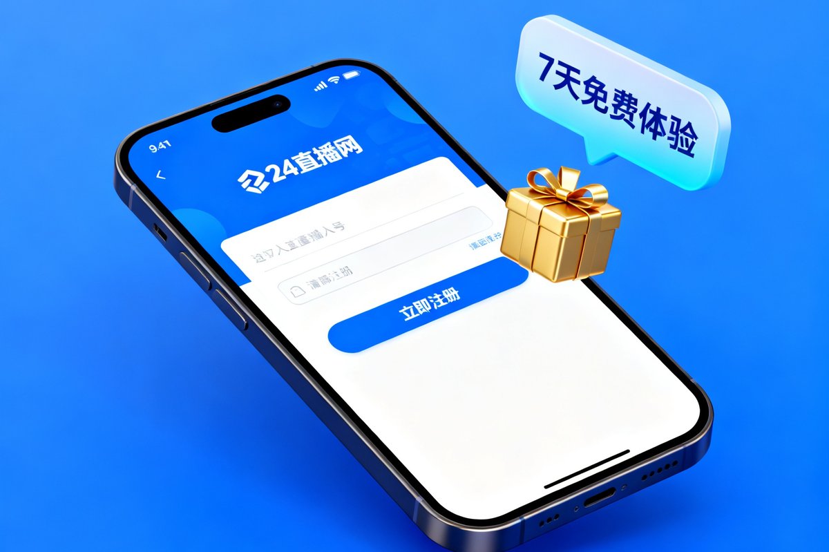 CTA转化区配图，手机屏幕展示24直播网注册页面，旁边漂浮着7天免费体验和礼物图标